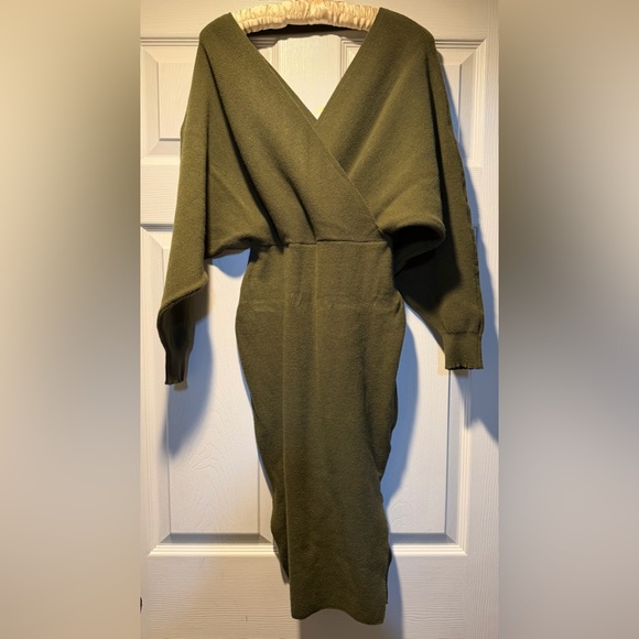 Olive green fitted V neck sweater dress - Picture 6 of 10